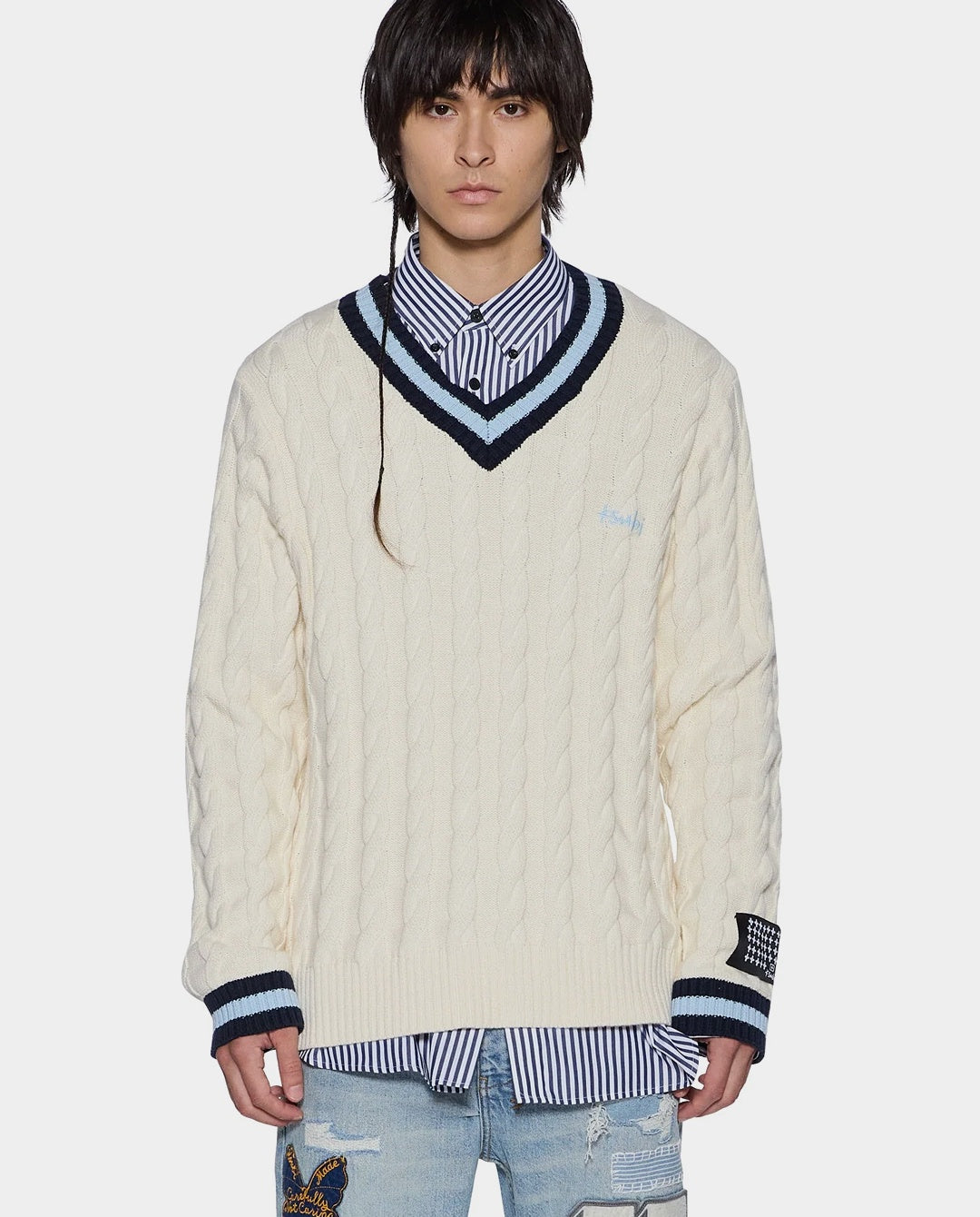 Ksubi - Princeton Cable Knit V-Neck - Vintage White Crewneck Ksubi