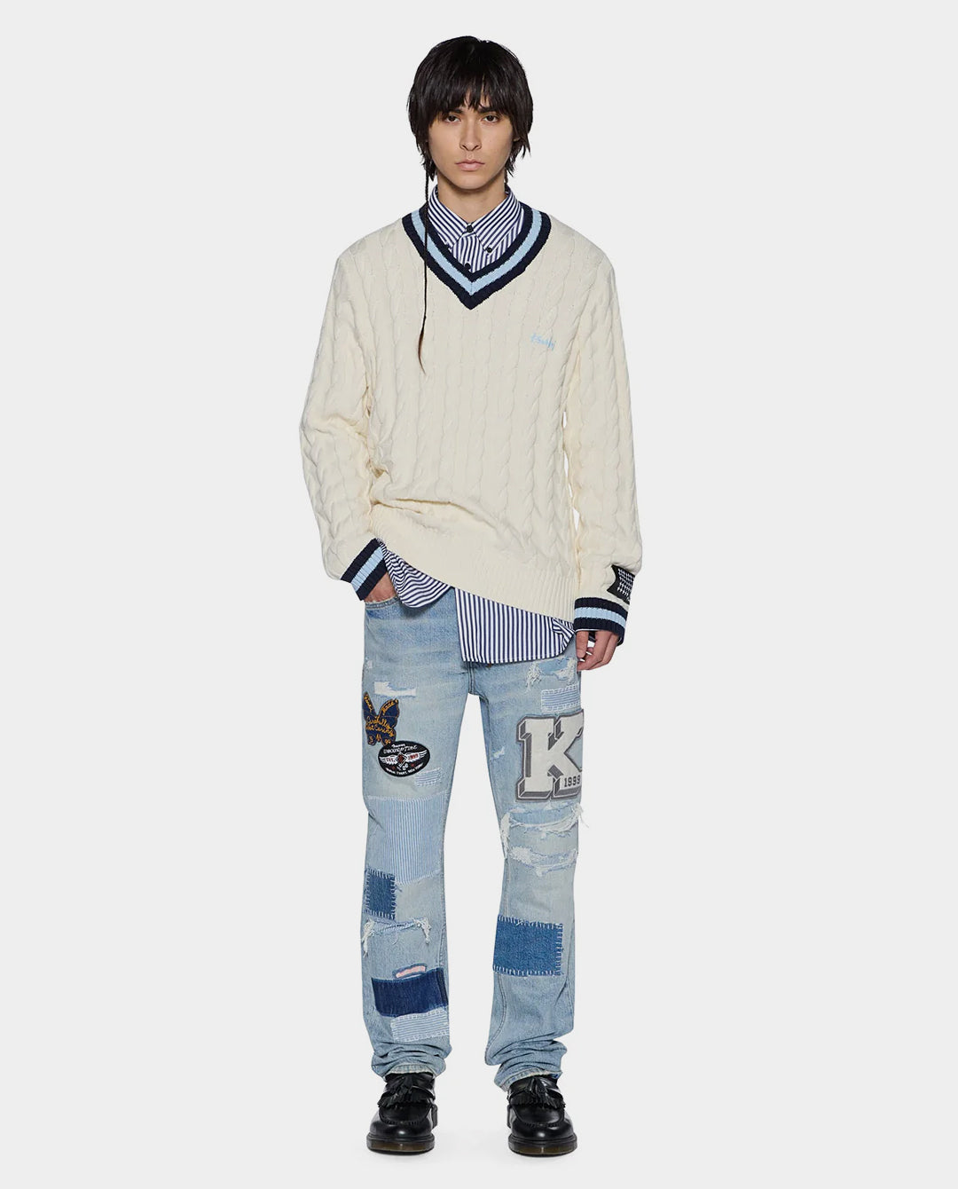 Ksubi - Princeton Cable Knit V-Neck - Vintage White Crewneck Ksubi