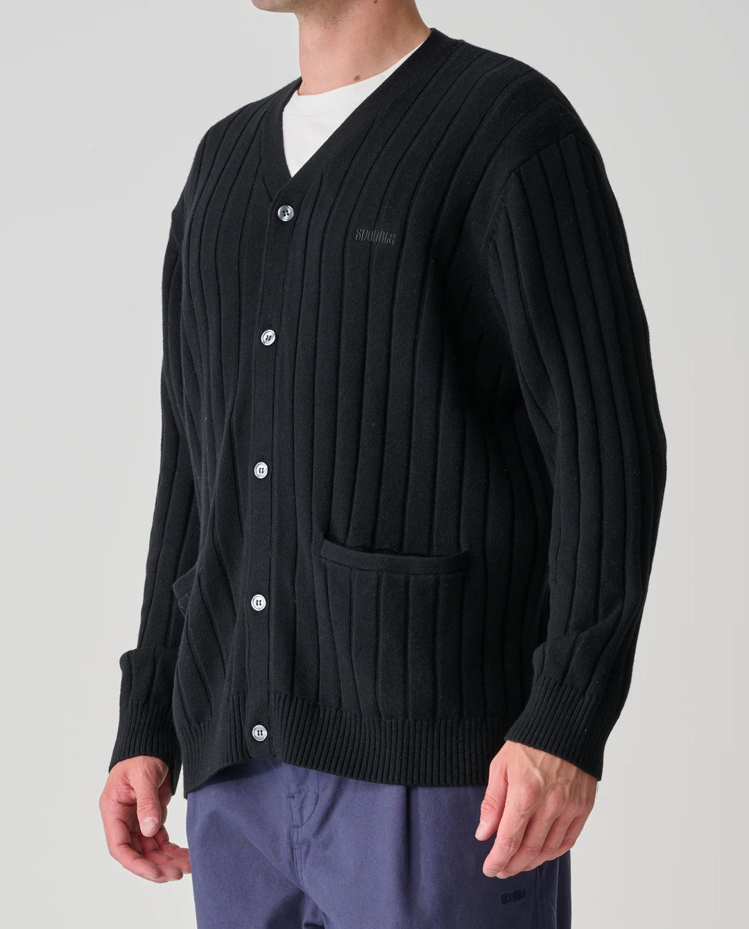 S/Double - Big Rib Knit Cardigan - Black Crewneck S/Double