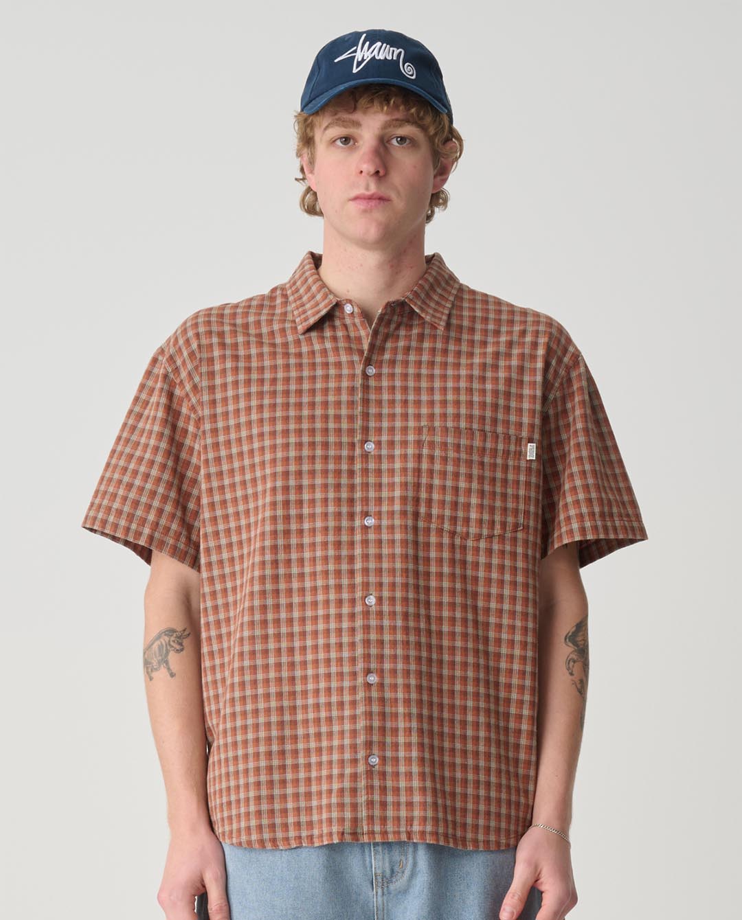 S/Double - Block Check Summer Shirt - Rust Shirts S/Double