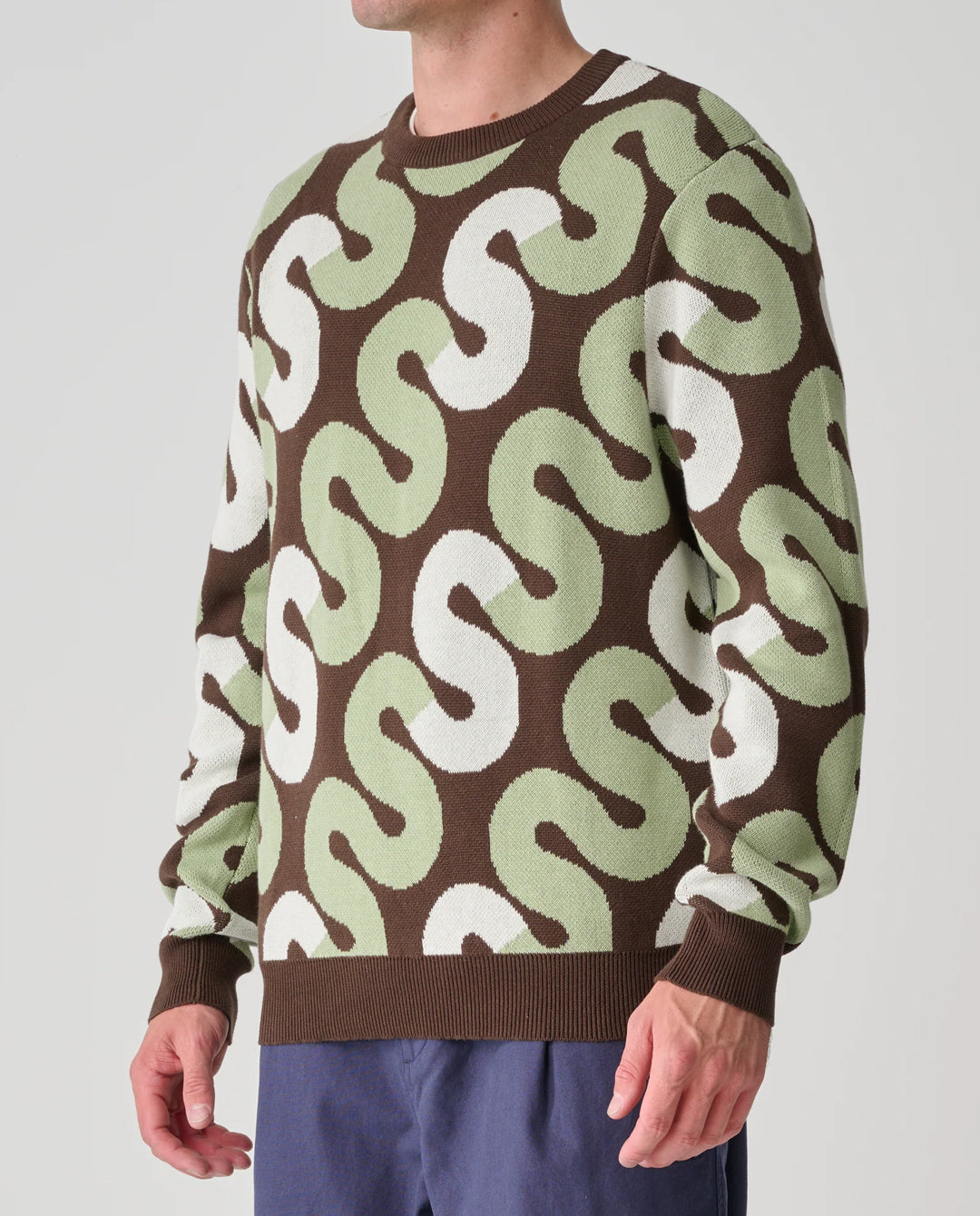 S/Double - Tile Intarsia Knit Sweater - Chocolate Crewneck S/Double