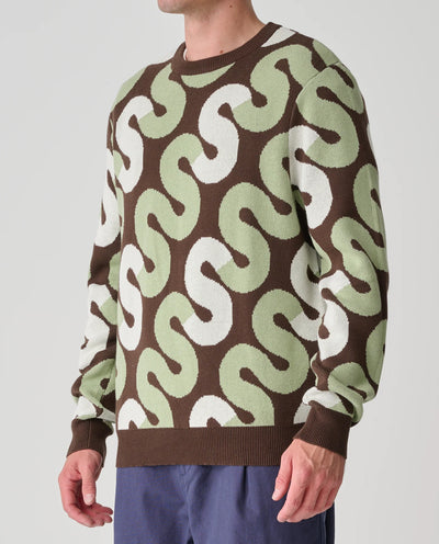 S/Double - Tile Intarsia Knit Sweater - Chocolate Crewneck S/Double