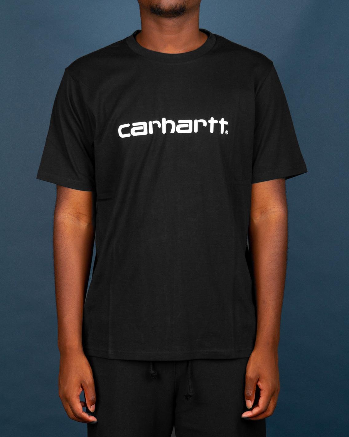 The Carhartt Script T-Shirt in Black features the iconic Carhartt logo printed on the front in white. Coming in a regular fit and featuring a comfortable ribbed neckline, this short-sleeve t-shirt is a perfect layering piece in your streetwear wardrobe.