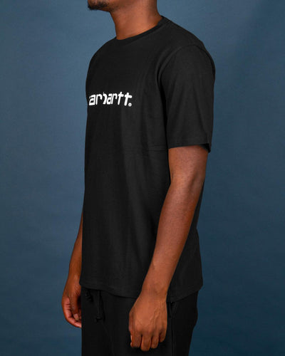 The Carhartt Script T-Shirt in Black features the iconic Carhartt logo printed on the front in white. Coming in a regular fit and featuring a comfortable ribbed neckline, this short-sleeve t-shirt is a perfect layering piece in your streetwear wardrobe.